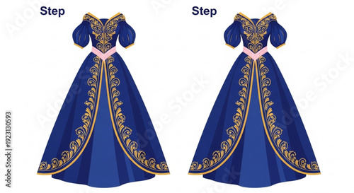 Royal blue evening gowns with gold embroidery and pink waistbands