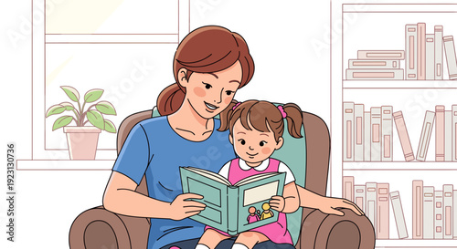 Mother Reading Storybook to Young Daughter.