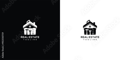 Real Estate Logo House with Tools Home Repair Construction Property.