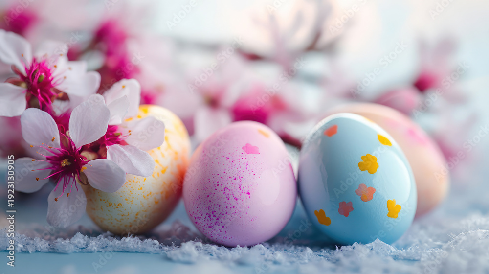 Fototapeta premium Vibrant easter decor with pastel painted eggs and spring blossoms
