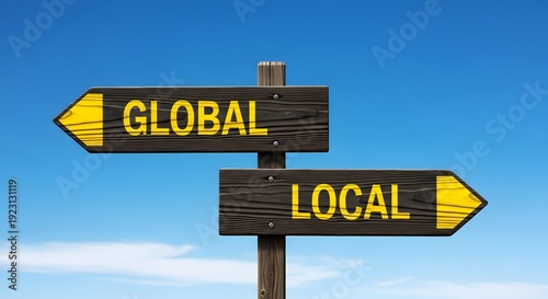 Global versus Local Directional Signpost Against Blue Sky.