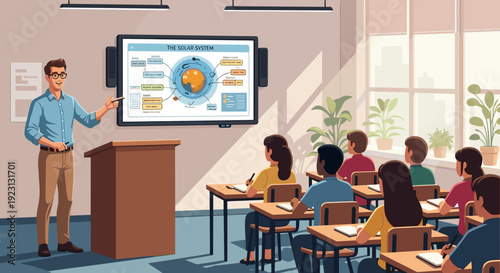 Teacher presenting to students in classroom 7.