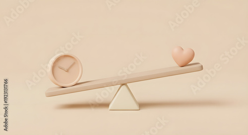 work life balance concept with 3d clock and heart on wooden seesaw scale for time management and mental health wellness priority on neutral beige background