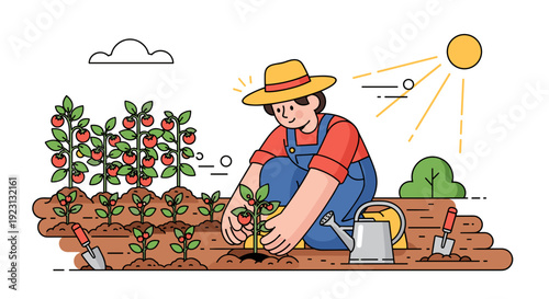 Woman Gardening in Vegetable Garden with Tools.