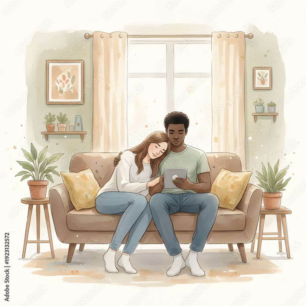 Obraz premium Couple Relaxing on a Sofa with a Tablet