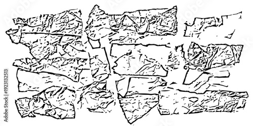 A collection of torn sheets of kraft paper. Scraps of book paper. A sketch of damaged paper.