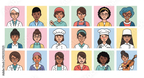 Diverse professionals and occupations in colorful illustration people of different ethnicities and jobs