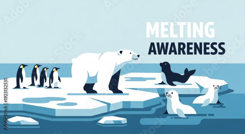 Arctic animals on melting ice floes polar bear penguins seals environmental awareness concept