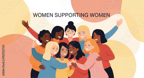 Diverse women supporting each other in solidarity and friendship with colorful abstract background