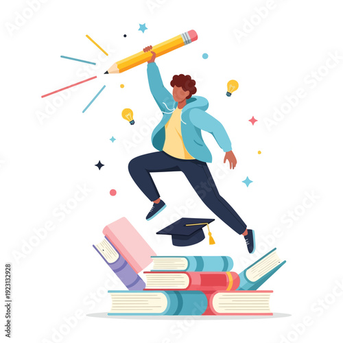 Creative student leaps over books with a pencil, symbolizing innovative learning, academic achievement, and the generation of new ideas