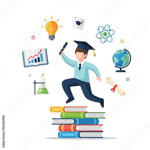 Graduating student jumping over stacked books, symbolizing academic achievement, career aspirations, and the journey of higher education, surrounded by diverse knowledge icons