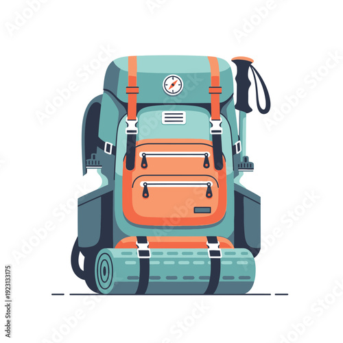Vibrant vector illustration of a hiking backpack, equipped with a trekking pole and rolled sleeping pad, perfect for outdoor adventures, camping, and travel exploration