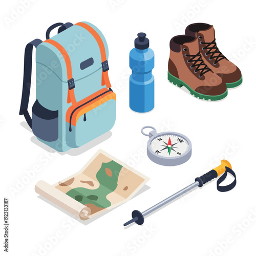 Isometric illustration of hiking and camping equipment for outdoor adventures and exploration, including backpack, boots, map, compass, and trekking pole