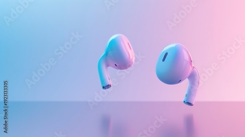 A photo of earbuds floating in a minimalist