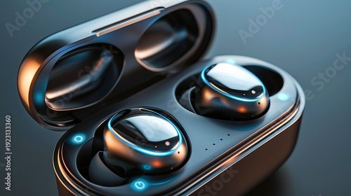 A photo of earbuds in a futuristic metallic