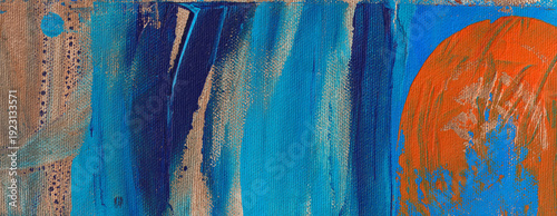 Wide Format Banner of Textured Paint on Canvas with Orange and Blues