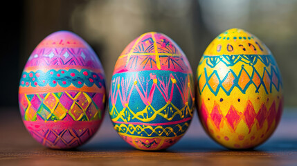 Three Easter Eggs painted in bright patterns and colours close-up.