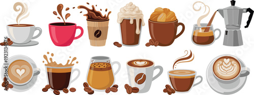 Coffee drinks and brewing methods collection with espresso, latte art, cappuccino and moka pot, hot beverage vector illustration set