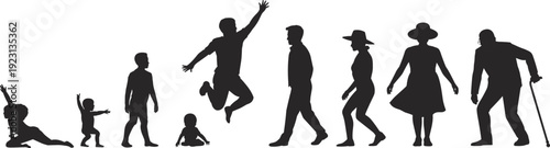 Human life stages silhouette set showing growth from childhood to old age, lifespan evolution, aging process and generational development concept