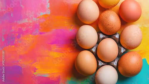 top view eggs ester colorful painted background
