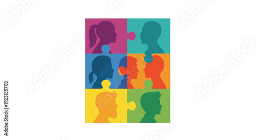 Illustration of a global inclusivity campaign for Zero Discrimination Day with a colorful puzzle design featuring silhouettes of people in a square composition.