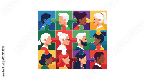 Illustration of diverse people profiles forming a global community on Zero Discrimination Day, promoting equality awareness with colorful puzzle pieces.