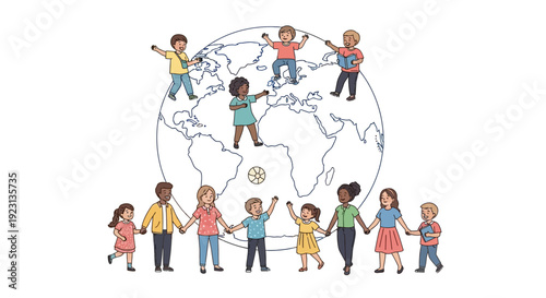 Illustration of diverse people holding hands around a globe, symbolizing global inclusivity and Zero Discrimination Day with colorful, decorative design elements.