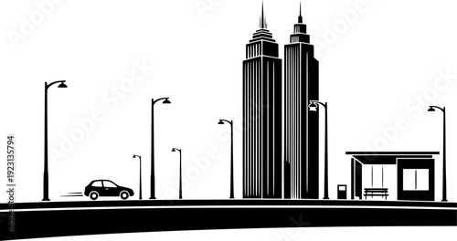 Minimalist cityscape with skyscraper lampposts car and bus stop building street

