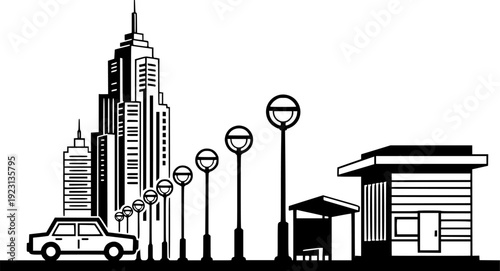 Minimalist cityscape with skyscraper lampposts car and bus stop building street
