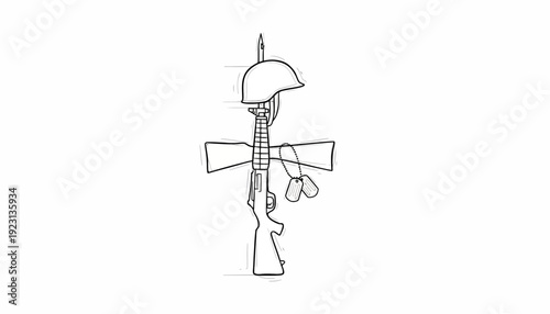 Fallen Soldier Memorial: Rifle, Helmet, Dog Tags, Cross Symbol, Sketch Style