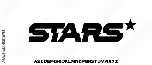 Font vector. Alphabet Modern Futuristic Sci-fi Display Font. Bold Techno Sports Alphabet with Star Element. Cyberpunk Industrial Bold Logotype Font