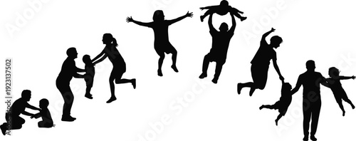Happy family silhouettes collection with parents lifting children, playing together and celebrating joyful moments isolated on white background