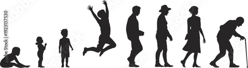 Human life cycle silhouettes from childhood to old age, male and female growth stages, aging process black vector illustration