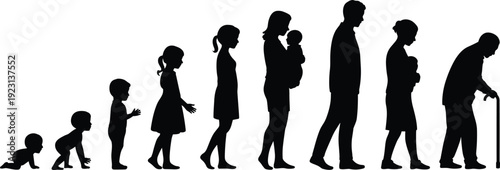 Human life stages silhouettes collection showing baby, child, parent, professional, pregnant woman and elderly person, life cycle and aging concept