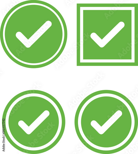 Check mark icon illustration set, four green vector designs in circle and square shapes, approval correctness completion symbol for interface