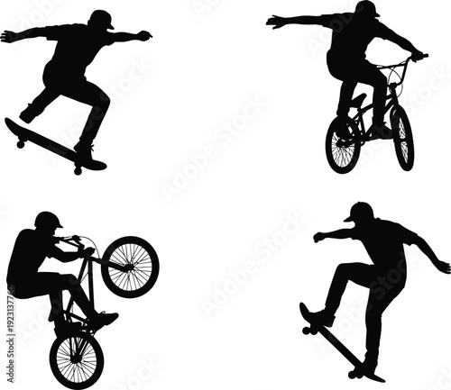 Extreme sports silhouettes, skateboard tricks, BMX stunts, dynamic motion, freestyle athletes, vector illustration, black and white, adrenaline action design