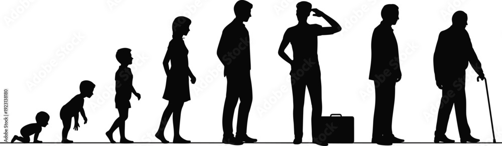 Fototapeta premium Human life stages silhouettes from crawling baby to senior couple, male and female aging progression and generational concept