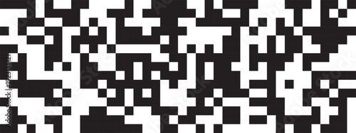 Small pixel shapes in random chaotic arrangement. Minimalistic brick background. Abstract mosaic pattern in arcade game style. Defragmentation or destruction process. Vector graphic illustration