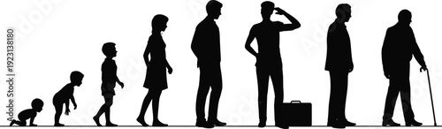 Human life stages silhouettes from crawling baby to senior couple, male and female aging progression and generational concept
