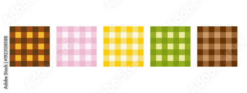 Set of classic checkered gingham or vichy pattern samples. Tablecloth, blanket, picnic plaid, basket napkin, handkerchief or towel textures. Wrapping paper or fabric design. Vector flat illustration.