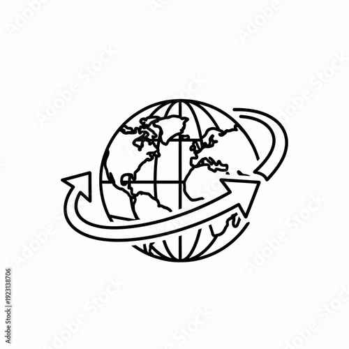 Global connectivity: An icon of the world encircled by arrows, symbolizing global connections, communication, and international relationships