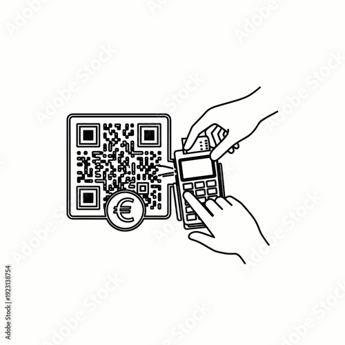 QR code payment transaction concept. A person using a payment terminal and a euro coin with QR code