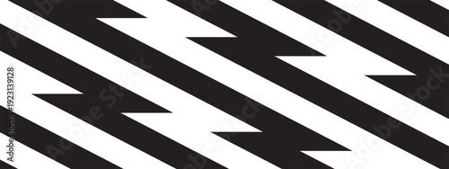 Repeating black and white zigzag lines wallpaper. Thunder bolt background. Electricity, flash light, jagged stripes pattern. Shock, speed or surprise anime cartoon print. Vector graphic illustration