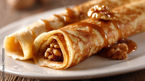 crepe topped with caramel sauce and roasted nuts, gourmet pastry texture close-up, warm golden tones, food commercial aesthetic