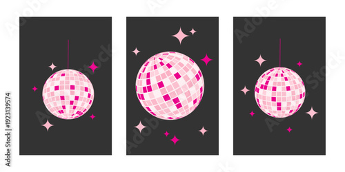 Set of vertical posters with pink discoballs and glitter shapes on dark background. Nightclub decoration. Retro music party design. Nightlife discotheque wallpapers. Vector flat illustration