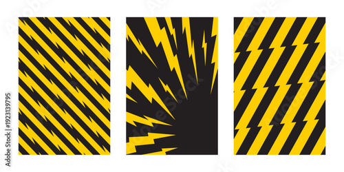 Set of vertical posters with thunder bolt effect. Yellow lightning shapes on black background. Wallpapers with manga style print. Flash electric light patterns. Vector flat illustration
