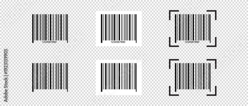 Set of empty barcode tags with scanner frames. Bar code labels isolated on transparent background. Stickers with visual presentation of digital data information. Vector graphic illustration