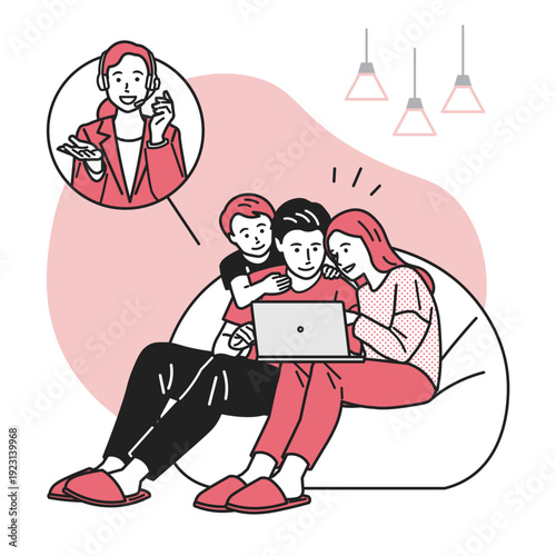 パソコンを操作しながらオペレーターと会話している家族