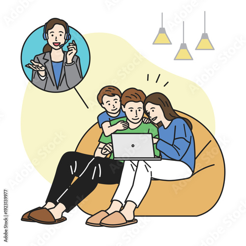 パソコンを操作しながらオペレーターと会話している家族