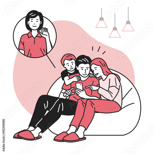 スマホで友人と会話している家族